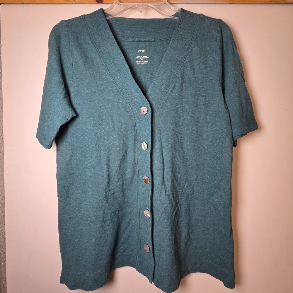 Pure Jill Women's Top Hemp Teal Cotton Button Front Size S Minimalist Relaxed